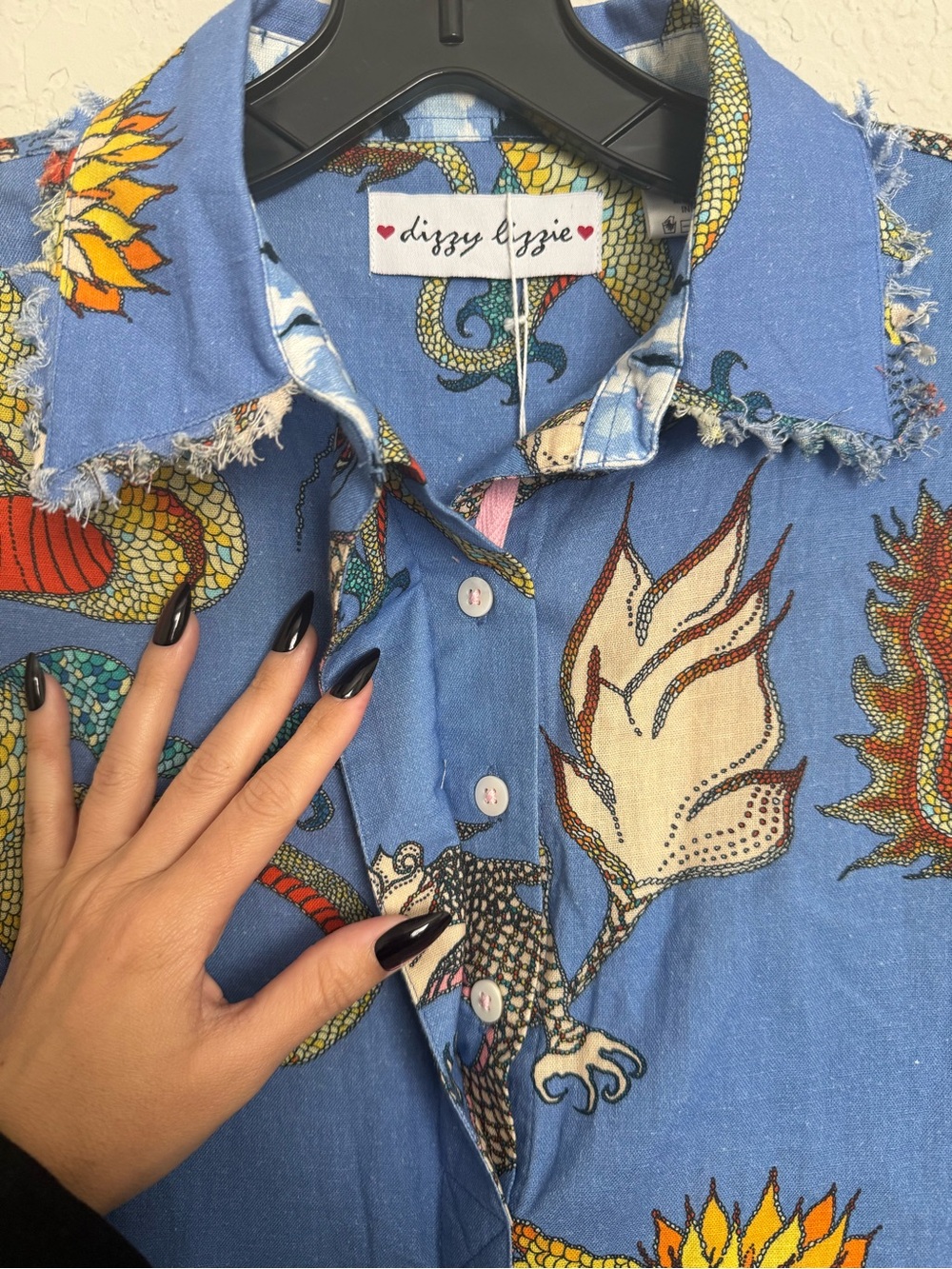 NWT Dizzy Lizzie French Blue Dragon Print Chatham Dress XS Cotton Linen Whimsy - Picture 4 of 8